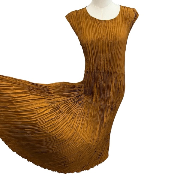 Eileen Fisher Large Bronze Crushed Silk Cap Sleeve Tiered Midi Dress NWT $388 - Picture 12 of 15